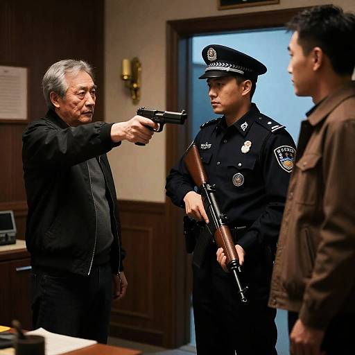 Tense Standoff in a Dimly Lit Room