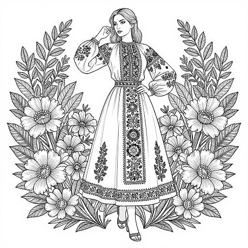 Black-and-white line drawing of a woman in an ornate, long dress with floral patterns, surrounded by large flowers and leaves.