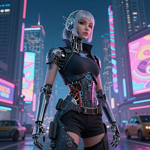 Cyberpunk woman with silver bob, robotic arms, and torso stands in neon-lit city street, wearing black shorts and futuristic armor.
