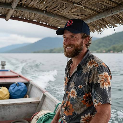 Cheerful Man in a Boat with Mountains