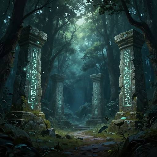 Mysterious forest temple with glowing blue runes on moss-covered stone pillars, misty ambiance, and ethereal light filtering through dense trees. Digital fantasy artwork