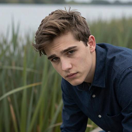 Thoughtful young man outdoors near lake