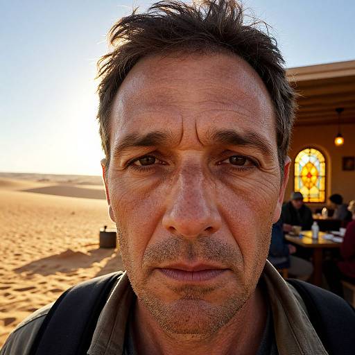 Close-up photograph of a middle-aged man with short, dark hair, wearing a brown jacket, standing in a desert with a sunlit building and people