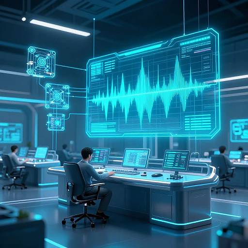 Photograph of a futuristic, high-tech control room with blue neon medical data screens, a man seated at a desk, and other workers in the background