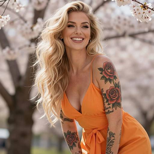 Smiling Blonde Woman with Tattoos