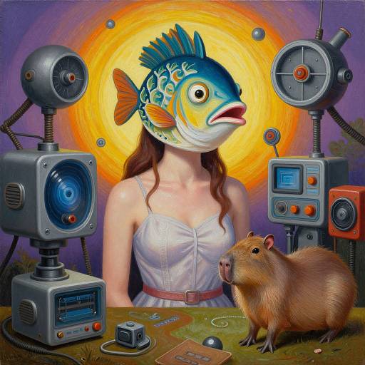 Digital art: Woman with fish head, white dress, robotic devices, hamster, bright orange sunburst background. Surreal, sci-fi style.
