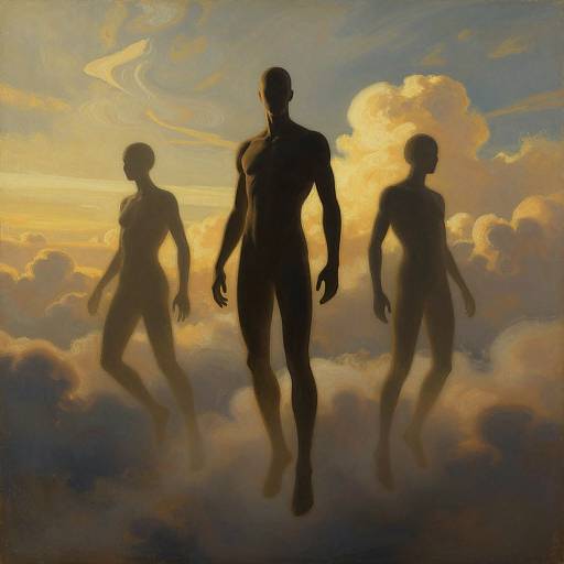 Silhouetted muscular male and two slim females walk among golden clouds, illuminated by a sunset sky. Digital art.