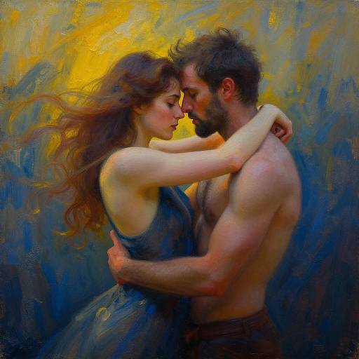 Romantic oil painting of a muscular, bearded man embracing a fair-skinned woman with flowing brown hair, against a vibrant yellow and blue background.