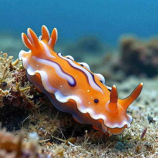 Photograph of an orange and white striped sea urchin with two short, pointed spines, crawling on a rocky underwater seabed. Blue ocean