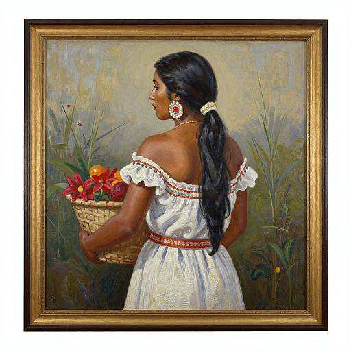 Painted portrait of a dark-skinned woman with long black hair, wearing a white off-shoulder dress and flower earrings, holding a basket of