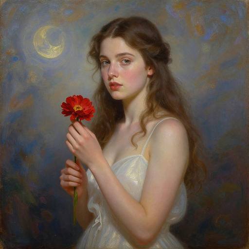 Photorealistic painting of a fair-skinned, brunette woman with wavy hair, holding a red flower in a white dress, under a crescent