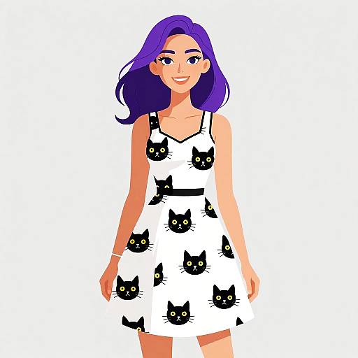 Digital illustration of a smiling woman with purple hair wearing a white dress with black cat faces, standing against a white background.