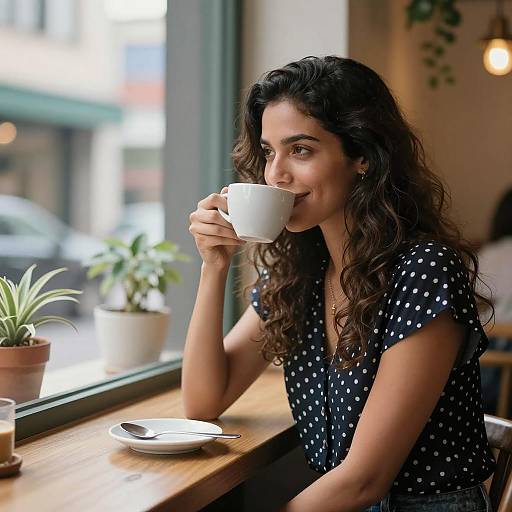 Woman Enjoying Coffee at Café Window