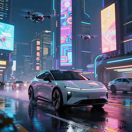 Futuristic Electric Car in Neon Cyberpunk City