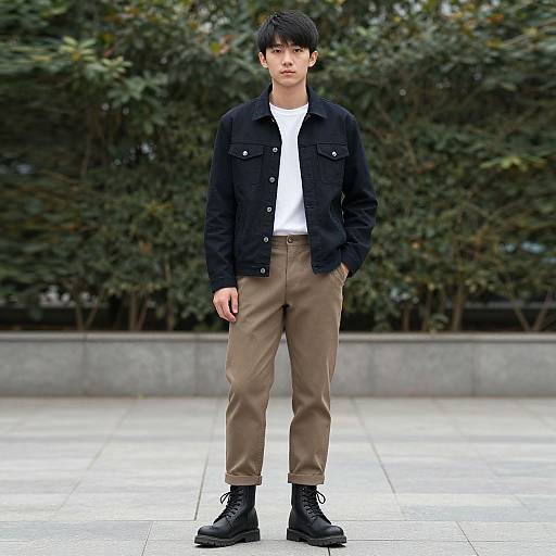 Photograph of an Asian young man with black hair, wearing a black jacket, white shirt, brown pants, and black boots, standing in front of