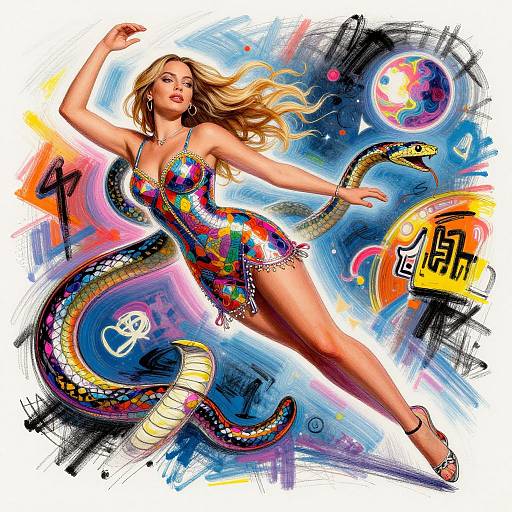 Digital illustration of a blonde woman in a colorful, patterned dress, dancing with a serpentine figure, surrounded by vibrant, abstract shapes and neon