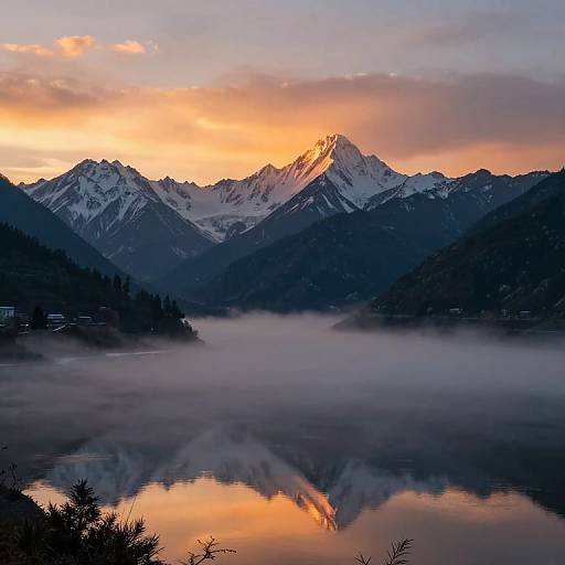 Photograph of a serene mountain sunset, with snow-capped peaks reflecting in a calm, mist-covered lake, under a colorful sky.