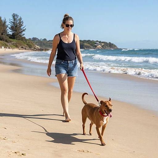 Photograph of a woman in a black tank top and denim shorts, walking a brown dog on a red leash along a sunny, sandy beach with waves