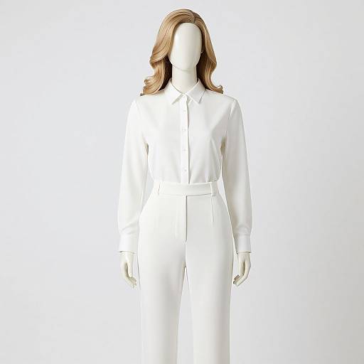 Digital CGI of a faceless, white mannequin with long, wavy brown hair, wearing a white long-sleeve shirt and matching white