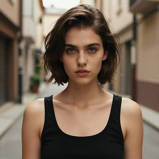 Photograph of a young woman with short brown hair, blue eyes, and fair skin, wearing a black tank top, standing in a narrow, blurred
