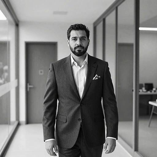 Black-and-white photograph of a bearded man in a dark pinstripe suit, white shirt, and pocket square, walking down a modern, glass