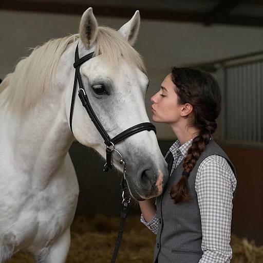 Young Woman Kissing Horse in Stable