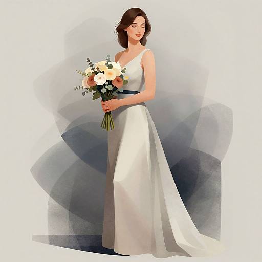 Digital illustration of a beautiful, brunette bride in a white, sleeveless gown holding a bouquet of white, pink, and yellow flowers against a subtle gray