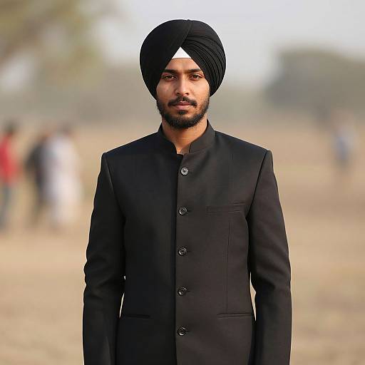 Photograph of a South Asian man with a dark beard and black turban, wearing a black buttoned jacket, standing outdoors with a blurred background of