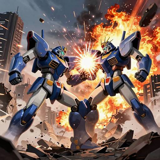 Dynamic CGI image of two blue, humanoid mecha robots clashing in an urban battlefield, surrounded by intense flames and debris.