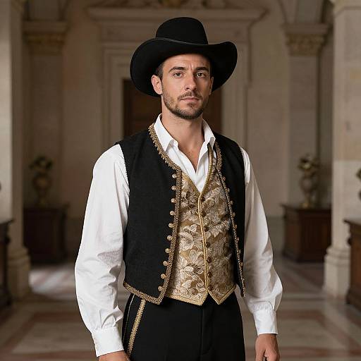 Photograph of a bearded man with olive skin, wearing a black hat, white shirt, and ornate black vest, standing in a grand,