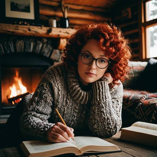 Woman Reading by Fireplace in Rustic Cabin