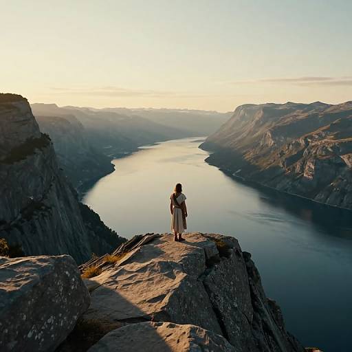 Photograph of a lone hiker with backpack standing on a rocky cliff, overlooking a serene, sunlit mountain lake at sunrise.