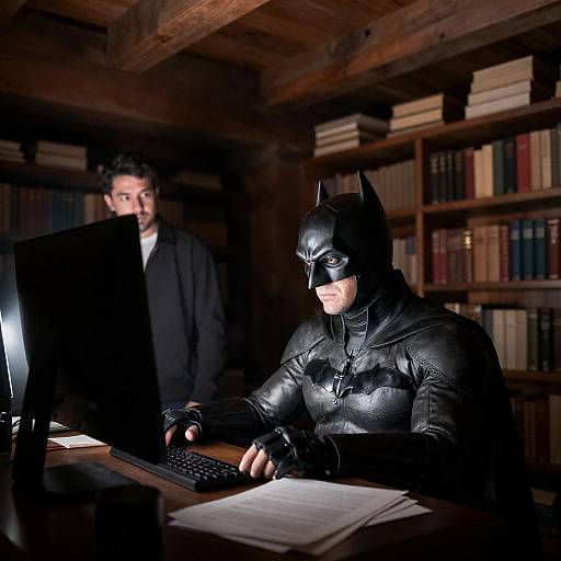 Dark Cluttered Library with Masked Vigilante