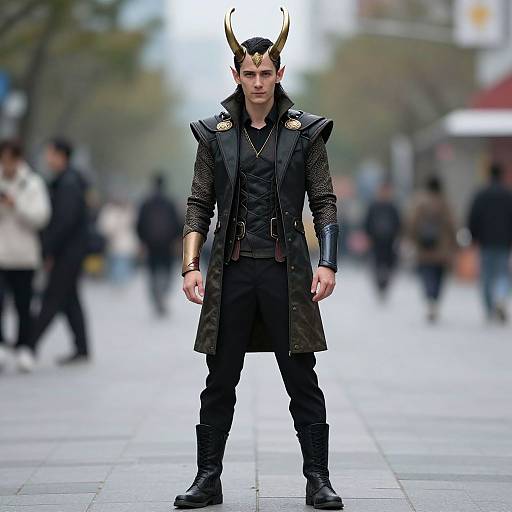 Photograph of a young man in a black, medieval-inspired costume with gold horns and armor, standing confidently in a blurred urban street.