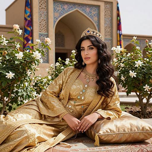 Photograph of a beautiful woman with long black hair, wearing a gold embroidered traditional dress, crown, and jewelry, sitting in a garden with white flowers