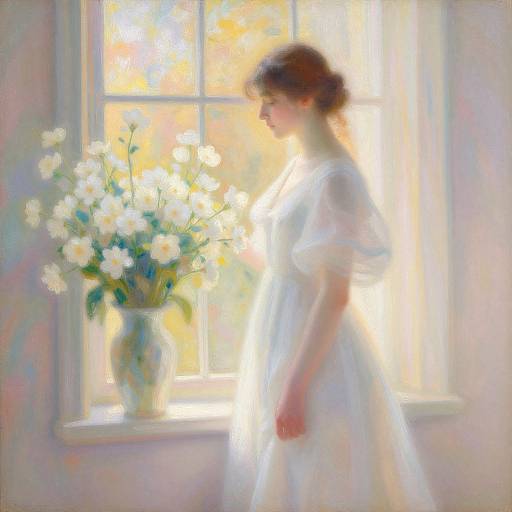 Soft-focused painting of a woman in a white dress standing beside a sunlit window, with a vase of white flowers.