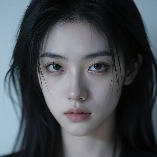 Photograph of a young Asian woman with pale skin, black hair, and intense blue eyes, set against a soft blue background. Her expression is neutral