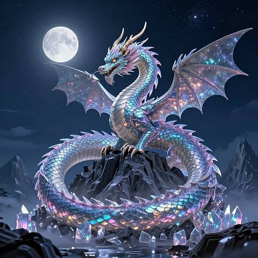 Digital artwork of a glowing, bioluminescent dragon with iridescent scales and wings, coiled on a mountain under a full moon. Crystal