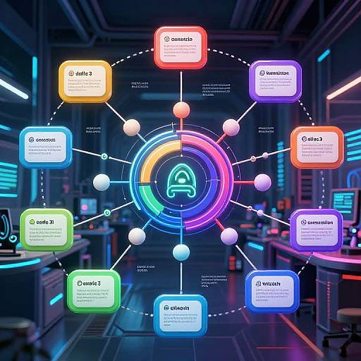 Digital illustration of a futuristic, neon-lit control room with a central icon of a cloud with a speech bubble. Color-coded circles and arrows connect to