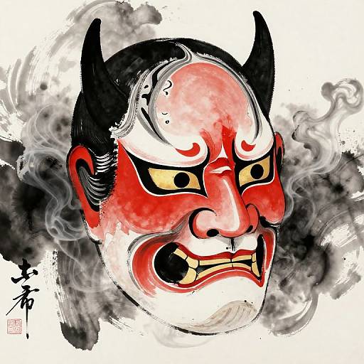 Colorful, intense digital illustration of a traditional Japanese oni mask with red skin, black horns, yellow eyes, and a fierce expression, surrounded by