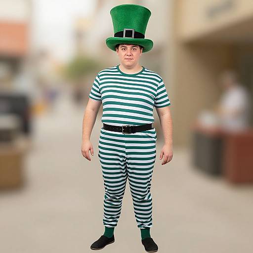 Photograph of a man in a green top hat, black belt, and black-and-white striped shirt and pants, standing in a blurred urban street.