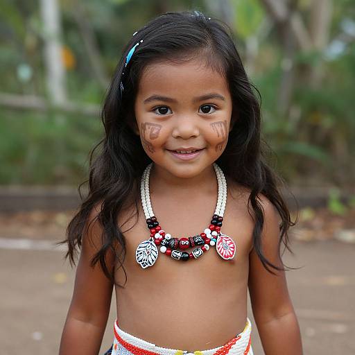 Photograph of a smiling young girl with dark hair, face paint, wearing a beaded necklace and white-red cloth, standing outdoors.