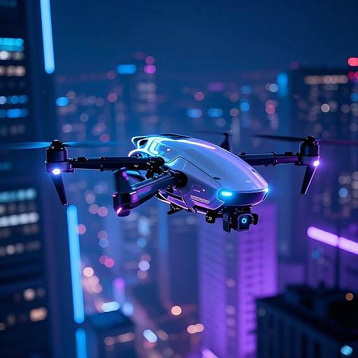 Photograph of a glowing blue and purple drone flying above a vibrant, neon-lit cityscape at night, with blurred skyscrapers in the background