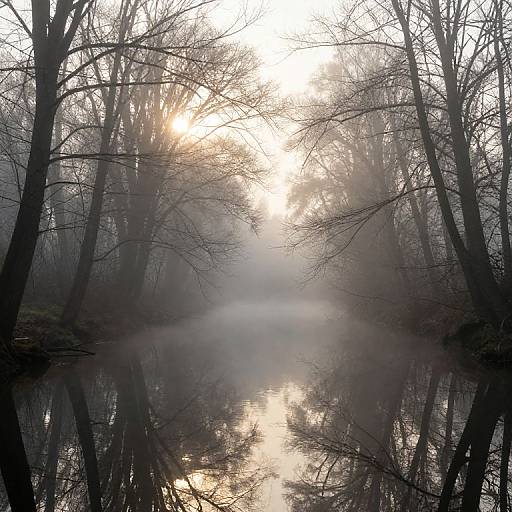 Photograph of a misty forest scene with bare trees, bright sun partially obscured by fog, reflecting on a calm, mirrored river.