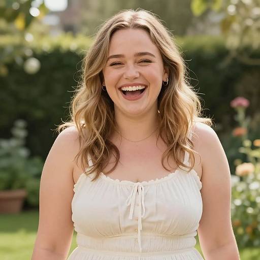Photograph of a smiling, fair-skinned woman with wavy brown hair, wearing a white, sleeveless, smocked dress, standing in a