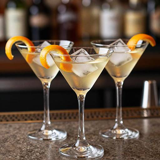 Photograph of three martini glasses on a bar counter, each filled with a clear, icy drink and garnished with orange slices, against a blurred