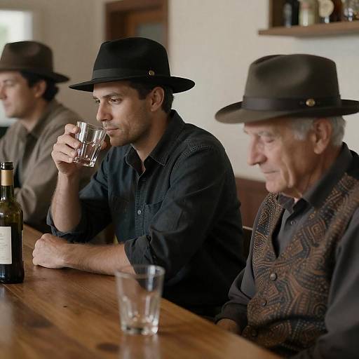 Three Men at a Rustic Bar