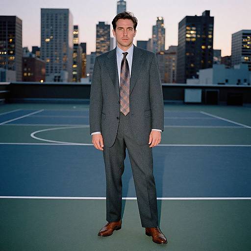 Photograph of a serious-looking man in a dark gray suit, white shirt, and patterned tie, standing on a rooftop tennis court at dusk with