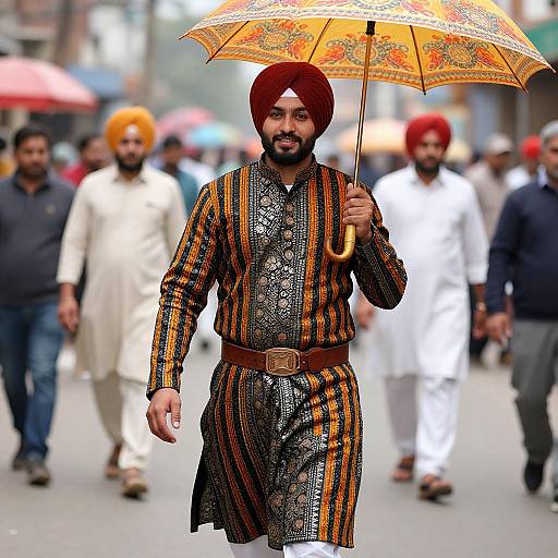 Photograph of a bearded Sikh man in a red turban, black and orange embroidered kurta, holding an ornate umbrella, walking in a