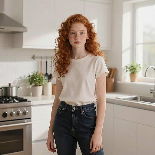 Photograph of a fair-skinned red-haired woman with freckles, wearing a white t-shirt and blue jeans, standing in a bright, modern